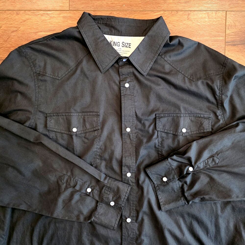 Pearl Snap Shirt King Size 3XL Men Black Long Sleeve Big Tall Western Cowboy